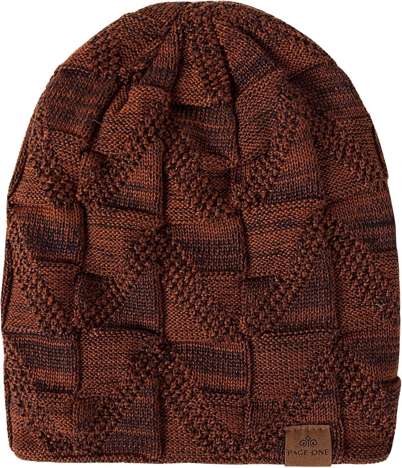 PAGE ONE Mens Winter Slouchy Beanie Warm Fleece Lined Skull Cap Baggy Cable Knit Hat - Image 3